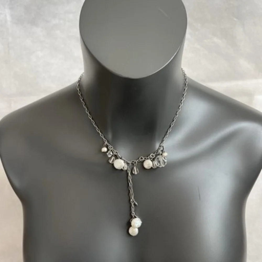 Sterling Silver Tone Pearl Crystal Dangle Cluster Necklace 16-18